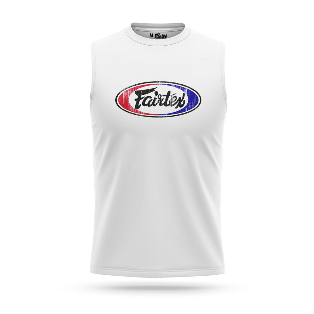 Fairtex white sleeveless t-shirt scratched logo